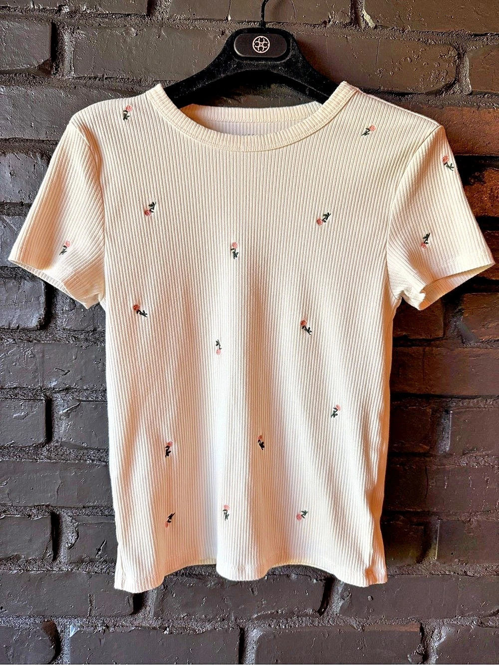 American Eagle Ribbed Floral Tee in Cream Small Like New